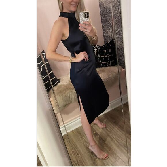 Frame Satin Shirred Halter Neck Midi Dress Navy Blue Size Small XS MSRP $598.00 - Picture 2 of 6